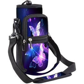 WINTOJO Water Bottle Carrier Bag Holder 25oz 32oz 40oz 64oz Insulated Water Bottle Sling Sleeve Case Cover with Strap Pockets for Men Women School Walking Hiking Running (25oz, Purple Butterfly)