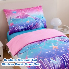 STYHO Mermaid Toddler Bedding Blue Purple Girls Toddler Duvet Cover with Pillowcase Set Gradient Colorful Rainbow Mermaid Tail Cot Bedding(Blue Purple, Cot Bed)