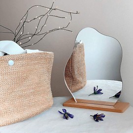 GUOJOZO Acrylic Makeup Mirror for Desk with Stand Aesthetic Desk Decor Vanity Mirror Frameless Table top for Bedroom,Living Room and Minimal Spaces Room Decor (Baby Fat)