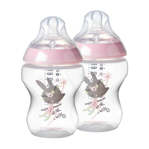 Tommee Tippee Closer to Nature Baby Bottle Decorated Pink, Anti-Colic Valve, Breast-Like Nipple, Slow Flow, BPA-Free - 0+ Months, 9 Ounce, 2 Count (Design May Vary) (522522)