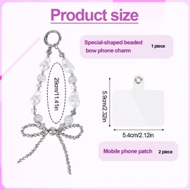 Beaded Phone Wrist Strap, White Cute Bow Knot Beaded Phone Charm Aesthetic Phone Chain Wristlet Anti-Lost Mobile Phone Bracelet Lanyard with 2pcs Tether Tabs for Phone Bag Purse Keychain