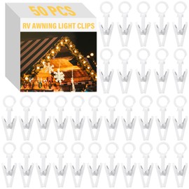 Beeveer 50 Pcs RV Awning Light Clips White Curtain Hooks with Clips 360° Camper Trailer Christmas Party String Light Holder Hanger with Ring for Caravan Curtain Wall Banners Photos Display Decor