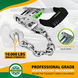 Premium Wheel Straps (4PK) - 10,000lb Guaranteed Max Break Strength - 2" Ratchet with G70 Chain Anchor Hook and 2" X8ft Lasso Strap, Perfect Car Tie Down Straps for Truck, Cars, UTV(Green)