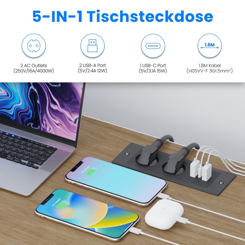 JACEPFY Retractable Socket 2-Way Built-in Socket with 2 USB A