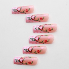 IMRAIN Press on Nails Long Square Fake Nails Pink French Tips Glossy False Nails with Cute Strawberry Designs Full Cover Glue on Nails DIY Acrylic Nail Supplies Stick on Nails Kit 24Pcs