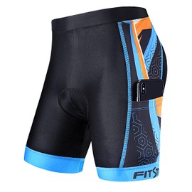 FitsT4 Sports Kids Cycling Bike Shorts Boys Girls Printed Biking Shorts Padded Youth Triathlon Shorts with Pockets Blue Orange Size S