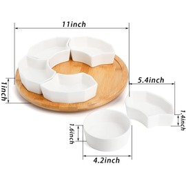 SOUJOY 11'' Lazy Susan Serving Tray, Porcelain Appetizer Divided Serving Dishes, Removable Relish Dishes with Silent Rotating for Chip, Dip, Veggies, Candy and Snack, Cheese, Party, 7 Pieces