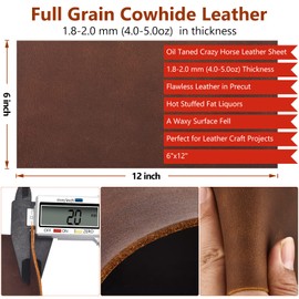 Tooling Leather Square 1.8-2.0MM Thick Genuine Top Full Grain Oil Tan Crazy Horse Cowhide Leather Sheets for Crafts Tooling Sewing Wallet Earring Hobby Workshop Crafting Brown 6 X 12"