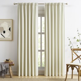 MAIHER 108 Inches Long Full Blackout Back Tab Pinch Pleat Curtains, Linen Textured Thermal Insulated Double Layer Beige Cream Pleated Drapes with Hooks for Bedroom, 40" W x 108" L, 2 Panels