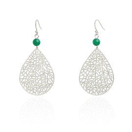Handmade Filigree Leaf Teardrop Green Jade Ball Dangling Earrings for Women, Sterling Silver Hooks