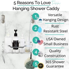 Small Shower Caddy Hanging - Shower Door Caddy Hanging with Rotatable Hooks and Adhesive Mount - Perfect for Bathroom Toiletries - Spacious & Convenient Bathroom Storage Solution 304 Stainless Steel