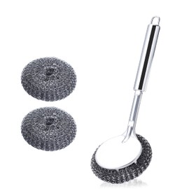 Steel Wool Scrubber Dish Brush with Handle, Deep Cleaning Metal Scrubber for Pans, Pots, Ovens, Grills, Sinks - Stainless Steel Scrubbers for Kitchen，2 Pcs Replaceable Washing Brush Heads