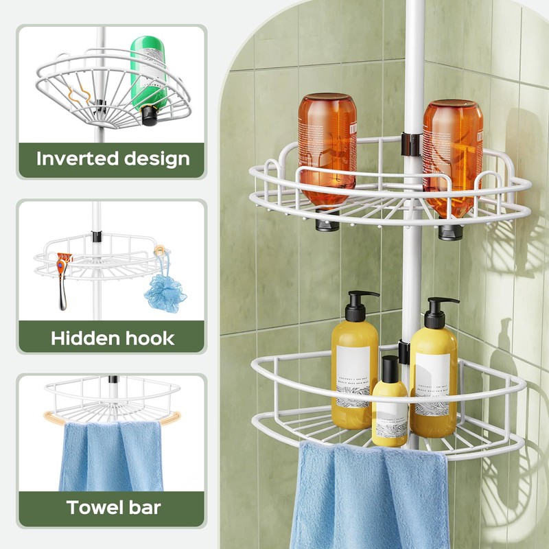 HAMITOR Corner Shower Caddy Tension Pole: Rustproof Bathroom Organizer Shelves