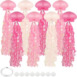 8 pcs Jellyfish Paper Lanterns Ocean Birthday Party Decorations with Hooks and Ropes, Hanging Jellyfish Decorations for Baby Shower Under The Sea Mermaid Spongebob Birthday Classroom Decorations(Pink)