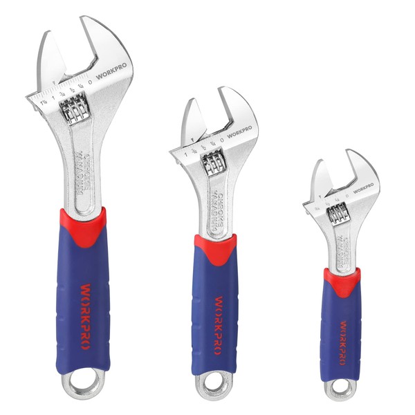 WORKPRO 3-piece Adjustable Wrench Set CR-V with Rubberized Anti-Slip Grips 6-inch, 8-inch, 10-inch