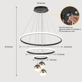 Aleslsop Modern LED Chandelier, 3 Rings Chandeliers for Dining Room with Remote Control Dimmable 3-Ball Black Chandelier for Living Room Bedroom Staircase Entrance,High Ceiling Hanging Lighting