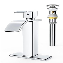 RUACQ Waterfall Bathroom Faucet,Single Handle Bathroom Sink Faucets for 1 or 3 Hole, Stainless Steel Washbasin Mixer Tap with Deck,Pop-up Drain and Supply Hoses (Chrome)