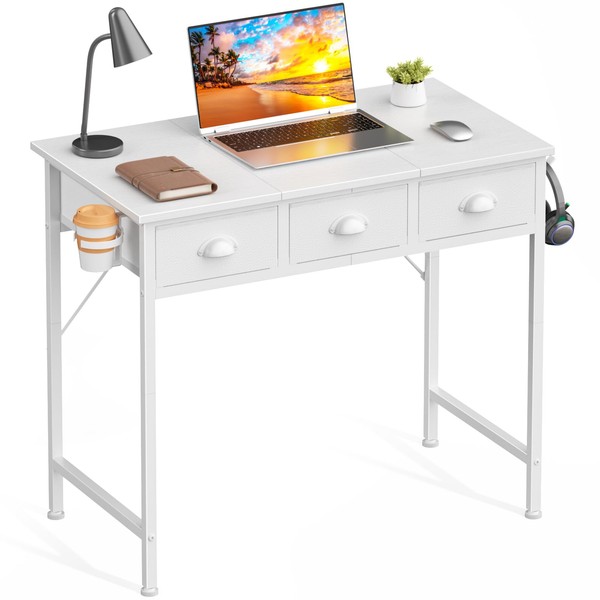 Furologee 32" Small White Computer Desk with 3 Fabric Drawers,