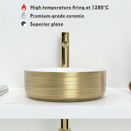 J-FAMILY Bathroom Countertop Ceramic Vessel Sink Vanity Artistic Wash Basin Brushed Texture Gold Decoration Round Sink Bowl,14.2''