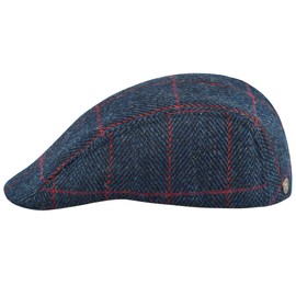 Sterkowski Norte Flat Cap Harris Tweed Peaked Cap for Men and Women Warm Hand Stitched Racket Hat with Ear Flaps, Blue/Red Check Pattern