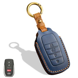 Aoocar Leather Key Fob Cover, Compatible with Toyota Tundra Corolla Cross Venza Sequoia Highlander Avalon Corolla RAV4 Camry C-HR Prius, No Screw Design Key Holder Protector(4 Button, Blue)