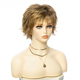 CGVG Women's Natural Short Curly Wig Women Short Hair Wig Layered Fluffy Short Wig Synthetic Heat Resistant Synthetic Hair Daily Use Party Carnival (Golden Brown-163)
