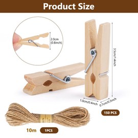 Pack of 150 Small Clothes Pegs, 3.5 cm with 10 m Jute Cord, Small Pegs for Photos, Sustainable Wood, Wooden Clothes Pegs, Natural Decoration, Small Wooden Pegs for Pictures, Postcards, Decorative
