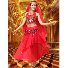 ORIDOOR Women Belly Dance Dress Set Crop Top Padded Bra Top Sparkling Belly Dance Chiffon Skirts with Coins 5-Piece Outfit 02 Red …