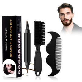 Beard Pen with Beard Brush & Comb, Beard Pencil Filler for Men Black with 4-Fork-Tip & Precise Brush-Tip, Beard Filler for Natural Beard Grooming Fathers Day Gift for Dad from Daughter (Dark Brown)