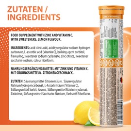 EVÄM Zinc Plus Vitamin C Effervescent Tablets, Lemon Flavour, 5 x 20 Pieces, Dietary Supplement to Support the Immune System, Vegan, Made in Germany
