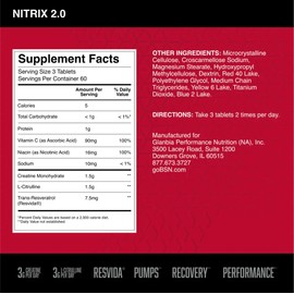 BSN NITRIX 2.0, Workout Supplement, Nitric Oxide Precursors, 3g Creatine, 3g L Citrulline, L-Citrulline, Supports Workout Performance, Pumps, Muscle Recovery and Endurance, 90 Tablets, 30 Servings