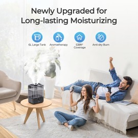 CHIVALZ Humidifier for Bedroom, 6L Cool Mist Humidifiers, Quiet 26dB, Night Light, Up to 50 Hours, Large Air Humidifier for Baby, Plants, Office, Essential Oil Diffuser1 Pack + 2 Mist Outlets Black