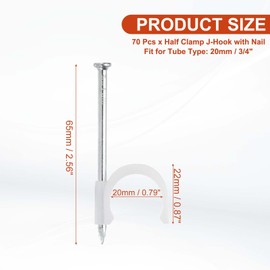 PATIKIL Half Clamp J-Hook with Nail 3/4" / 20mm, 70Pcs Pex Pipe Fixture Cable Clip Wire Wall Support Holder for Tubing CPVC Copper Pipe Fixing Connection, White, 65mm Long Nail