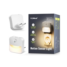 FLOWood Night Light Socket with Twilight Sensor and Motion Sensor, Pack of 2 Children's Night Light, 3 Adjustable Brightness, LED Socket Light for Children's Room, Stairs, Bedroom, Warm White