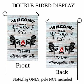 Customized Camper Camping Garden Flag for Outside, Custom Family Name Welcome to Our Campsite Rv Decorative House Flag Home Decor Banner for 12X18 Inch Print Double Side
