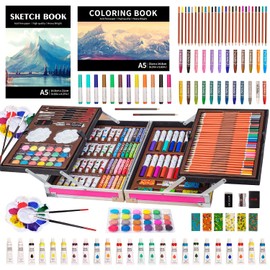 KINSPORY Art Supplies, paquete de 139 kit de arte de dibujo de pintura con 2 almohadillas para orejas de boceto, juego de arte de doble capa de lujo, lápices de colores, pasteles al óleo, pinturas de