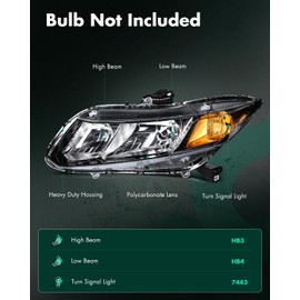 SCITOO Pair Headlight Assembly Fits for Honda Civic 2012-2015 Headlights Clear Lens Black Housing Amber Reflector, 33150TR0A01 33400TR0A01 33150TR2A01 (Bulbs Not Included)