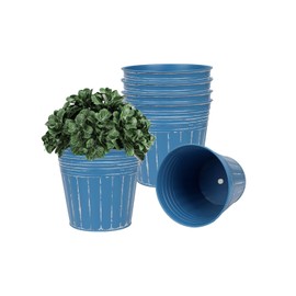 vensovo 5 Inch Metal Rustic Flower Pots - 6Pcs Medium Galvanized Steel Blue Planters with Drainage Hole and Rubber Plug, Rustproof Metal Bucket Plant Pots Farmhouse Vintage Style for Decor