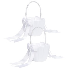 2 Pack Flower Girl Baskets for Wedding, Satin Wedding Basket for Flower Girls White Wedding Flower Baskets