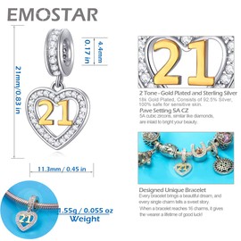 21 Years of Love Birthday Charms fits Pandora Women Bracelet, 18K Golden Number 21, 925 Sterling Silver Heart Bead Pendant with CZ, 21st Milestones Gifts for Friend/Sister