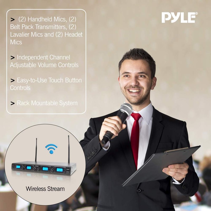 Pyle Upgraded Wireless Microphone System - 4-Channel UHF, Adjustable Frequency,