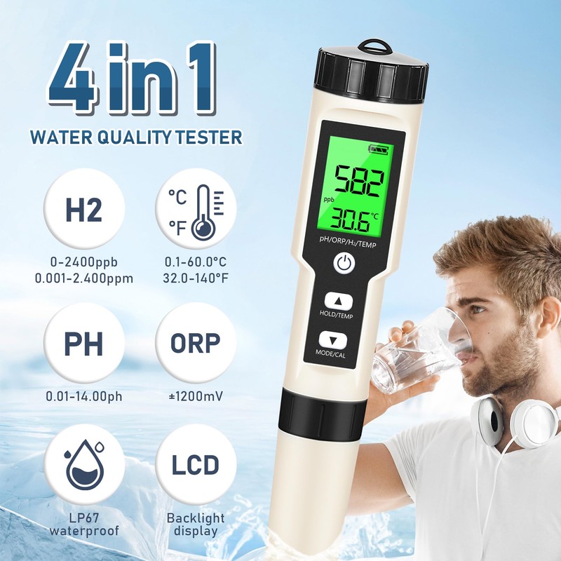 Hydrogen Water Tester 4 in 1 PH,H2,ORP&Temp,pH Meter ORP Meter