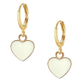 Anmpab Heart Mini Dangle Huggie Earrings for Women Dainty Gold Plated Small Hoop Earrings Jewelry Gift for Women Ladies Valentine's Day (White)