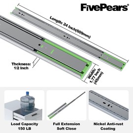 FivePears 6 Pairs 24 Inch Heavy Duty Soft Close Drawer Slides, 150 Lb Load Capacity Full Extension Ball Bearing Side Mount Drawer Runner, Rv Tool Box Kitchen Cabinet Drawer Self Closing Glide Rails