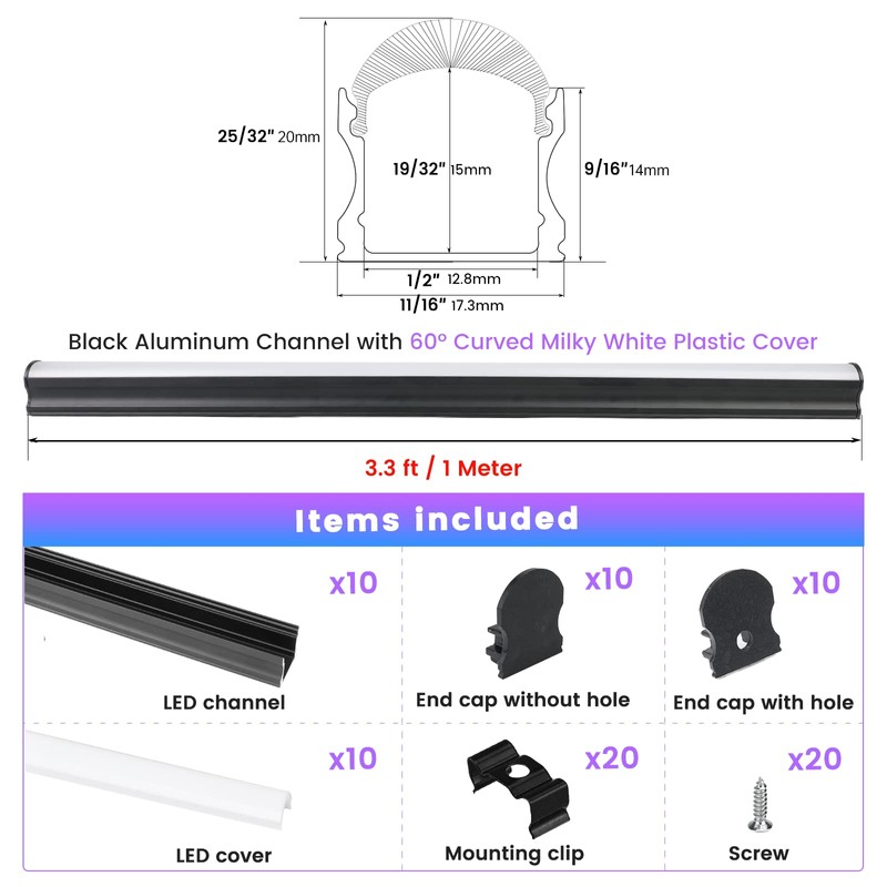 Muzata 10Pack 3.3FT/1M Excellent Spotless LED Channel System with Milky