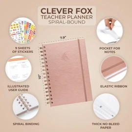 Clever Fox Teacher Planner Spiral – School Year Planner with Calendars & Lesson Plans – Teacher Plan Book for Classroom & Homeschool Organization - Undated, 7.9x10″ (Rose Gold)