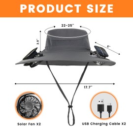 Hat with Fan,Wide Brim Sun Hat with 2 Removable Fans,Fan Hats for Men Women,Waterproof Outdoor Fishing Hat Hiking Camping Hat-Gray