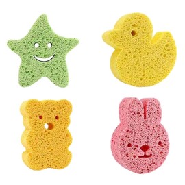 EYVRPAU 4 x bath sponge children, baby wash sponge, bath sponge, shower sponge, sponge wash pads for babies and children, Konjac bath sponge for baby, cartoon shape