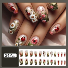 RUPOFUZA Flower Press on Nails Medium Square Fake Nails Glossy Acrylic Nails with Spring Colorful Flower Designs False Nails Full Cover Press on Artificial Nails Stick on Nails for Women 24 pcs