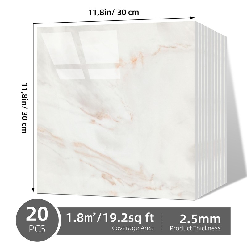 20pcs Peel and Stick Backsplash Tile，12"x12" Self Adhesive Marble Tile